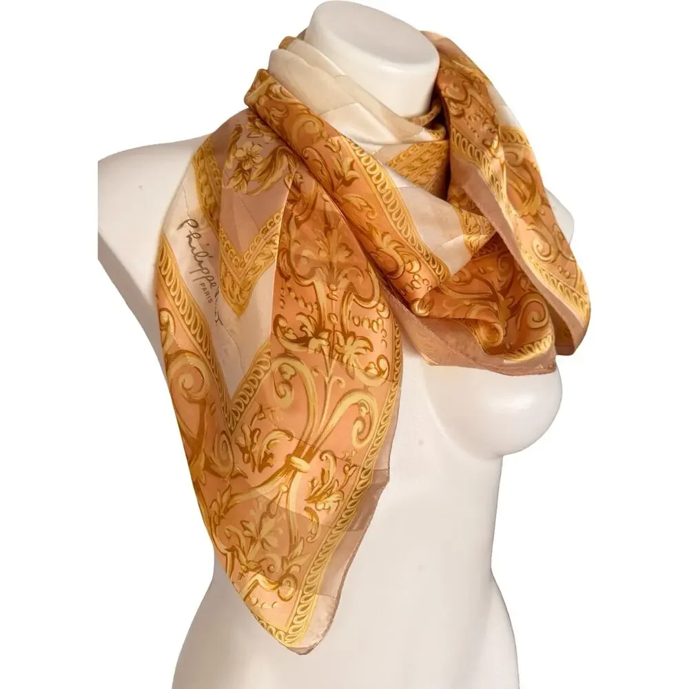 Vintage Philippe Venet Paris Silk Scarf 1980s Gold Baroque Scroll Floral 35